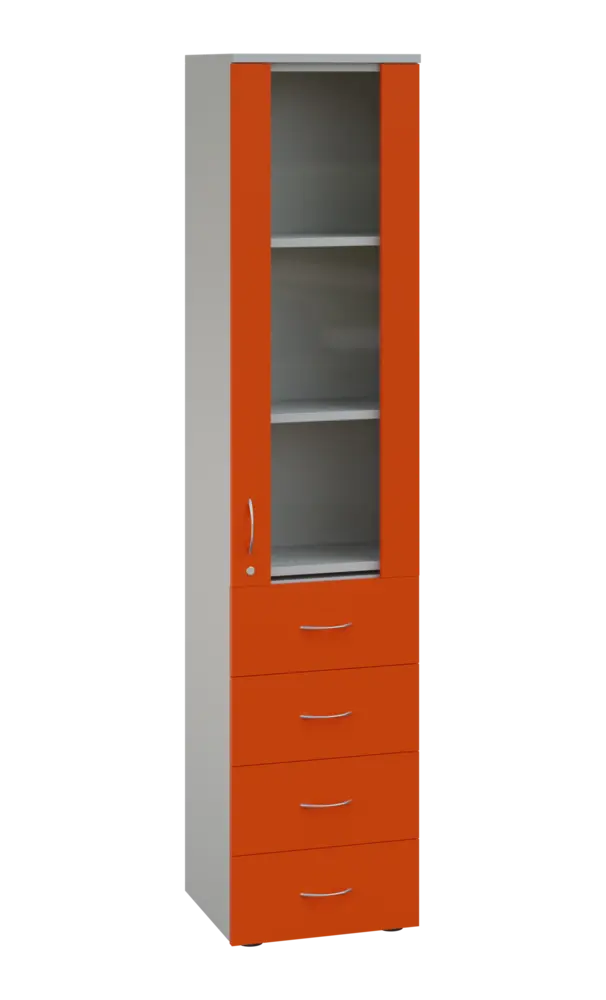 LE - 44 skříň léková prosklená, pravá, korpus šedý, dvířka mandarinka